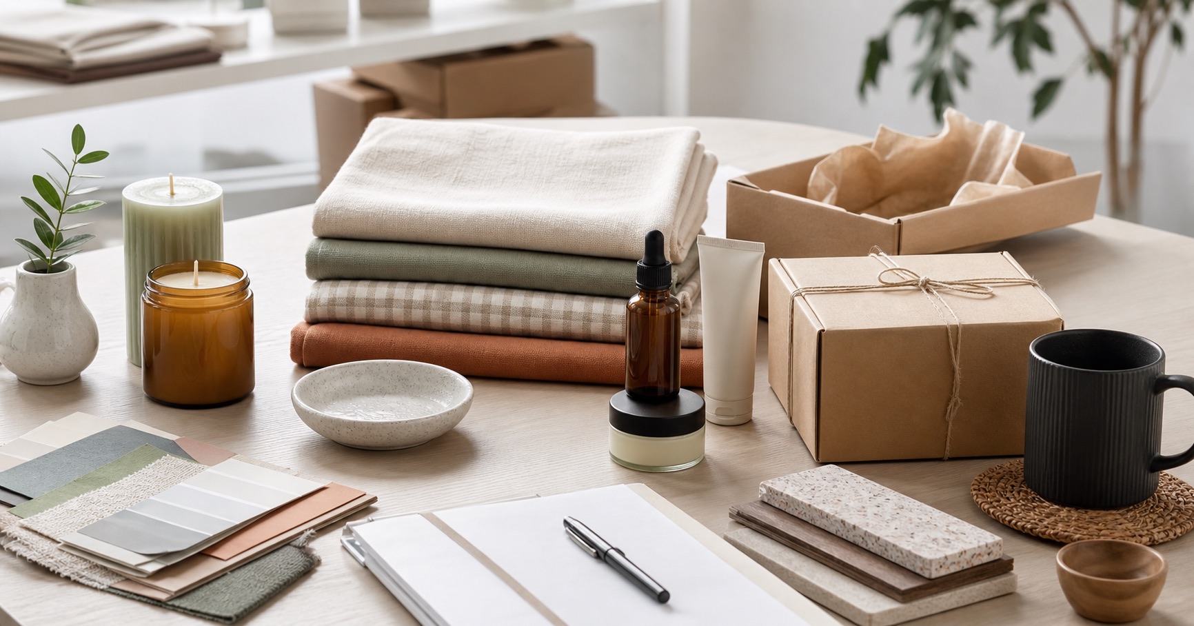 Product samples, textiles, packaging, and sourcing materials arranged on a worktable